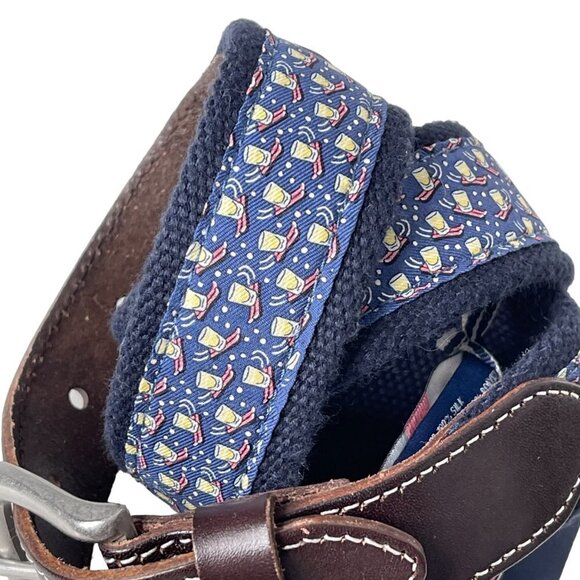Vineyard Vines Belt NWT Mens 30 Brown Leather Blue Graphic Shotski Canvas Club - Picture 4 of 9